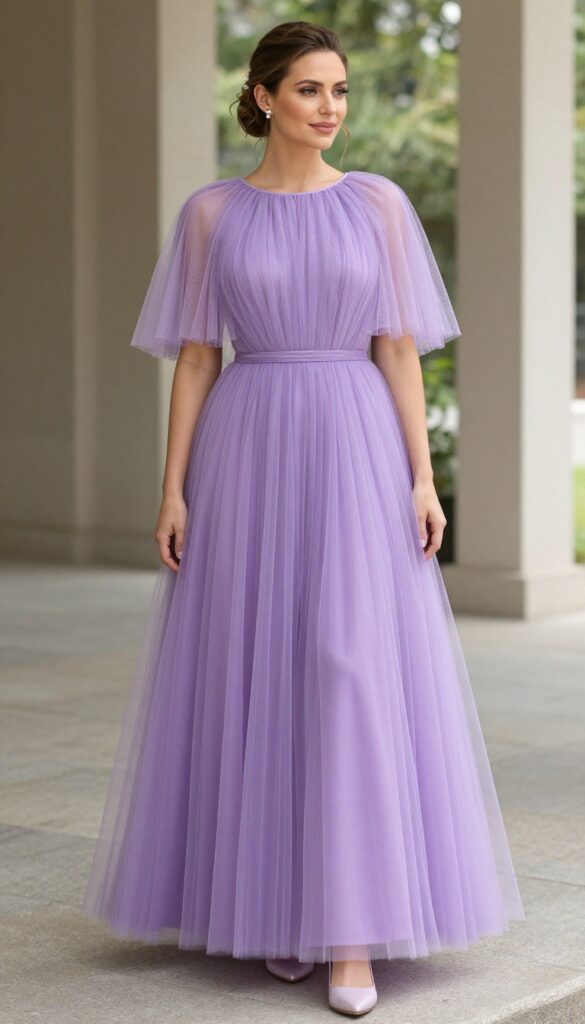 Young woman in lavender tulle ball gown with layered tulle cape, standing in lush garden, soft natural light, gentle smile, wedding blogger style.