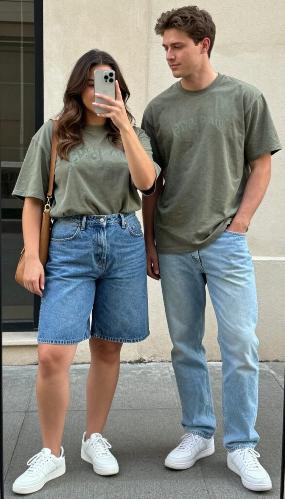 A couple wearing matching muted olive graphic tees with different retro prints, paired with denim and white sneakers, standing together in a sunny outdoor setting.