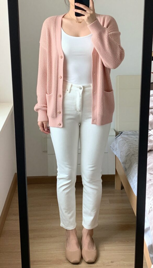 A woman in a blush cardigan, white tank, and white jeans, wearing nude flats and gold jewelry, standing in a bright office or casual setting.