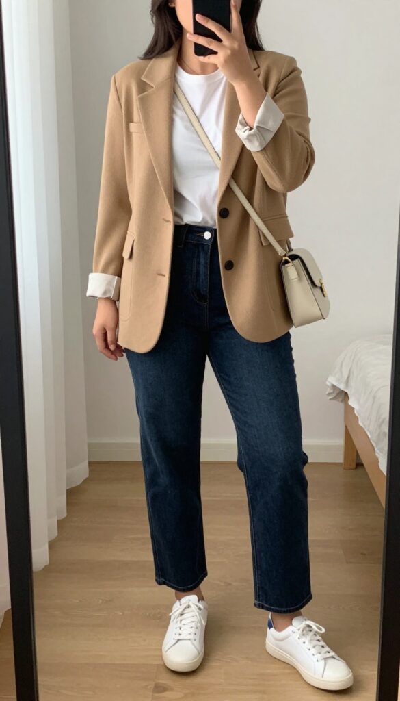 Woman in knit blazer, white tee, straight-leg jeans, white sneakers, and crossbody bag