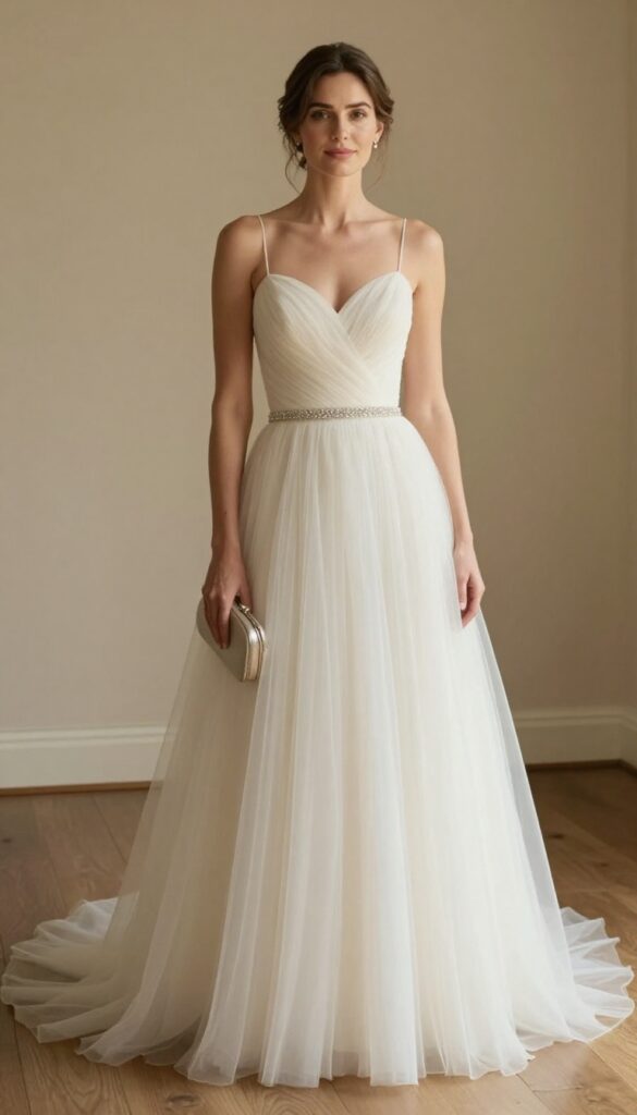 Young adult woman in ivory fit-and-flare tulle wedding dress with crystal belt, nude heels, and metallic clutch in ballroom