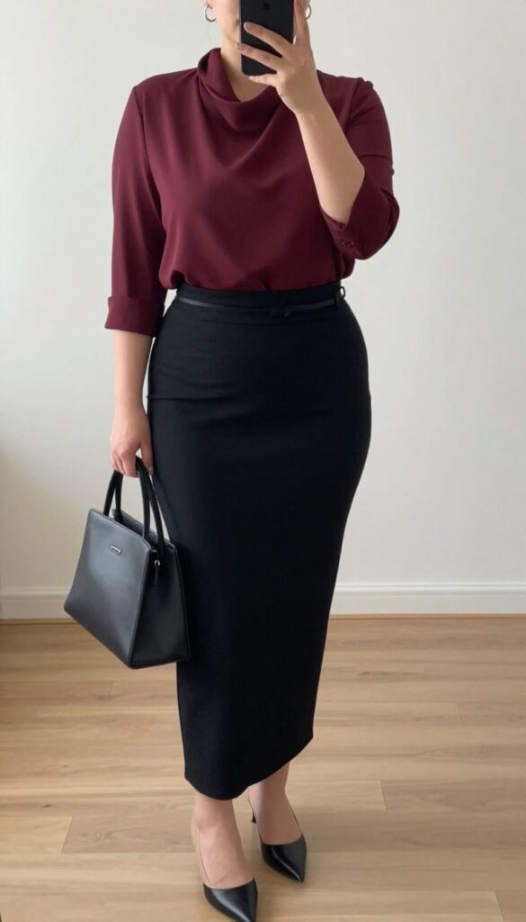Plus-size woman in cowl neck blouse and pencil skirt with kitten heels, looking polished and professional