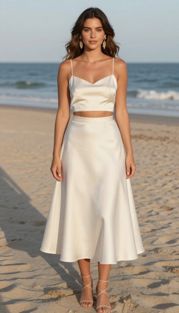 Woman in ivory satin two-piece set on beach at sunset
