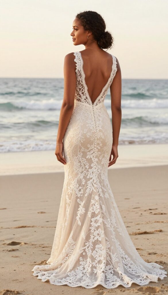 A dark-skinned woman in a bohemian lace mermaid wedding dress with open back, standing on a beach at sunset, looking over her shoulder.