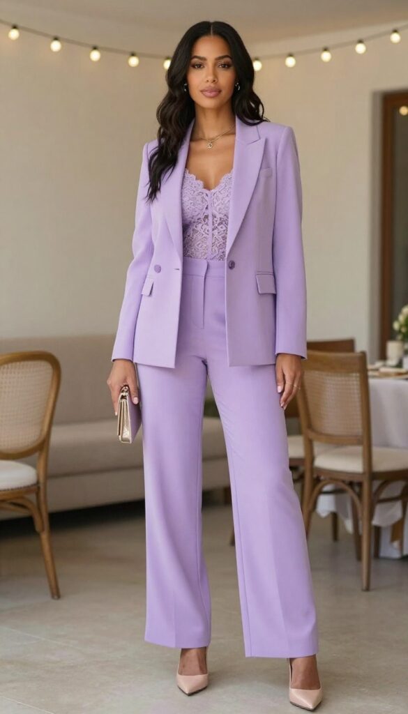 Black woman in lavender pantsuit with nude heels at evening wedding reception