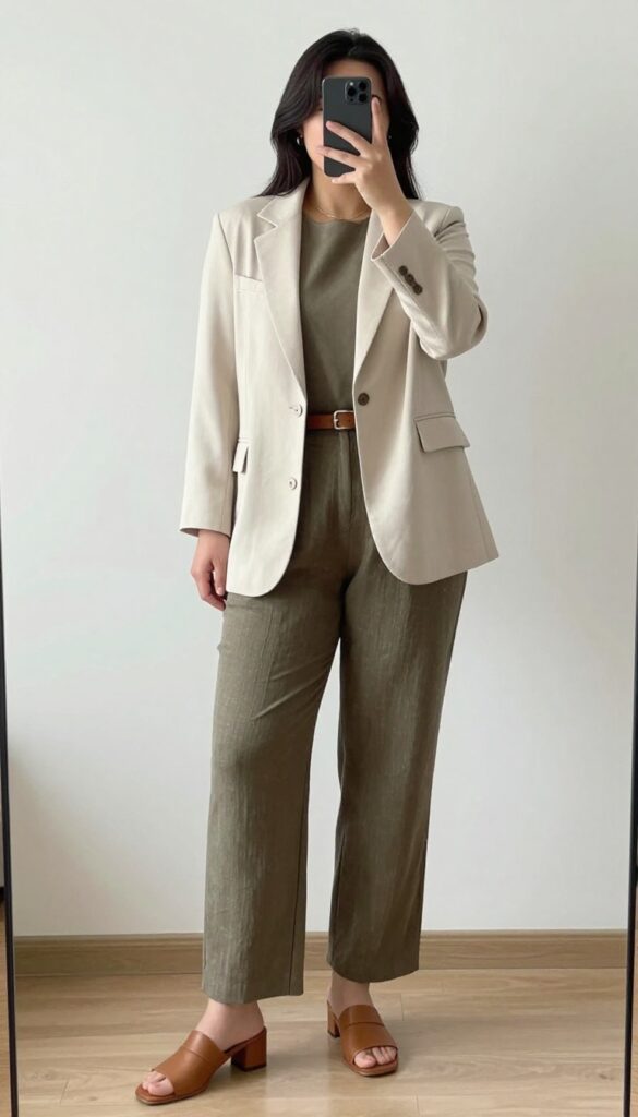 Woman in linen jumpsuit with belt and blazer, taking mirror selfie, phone partially covering face, bedroom setting.