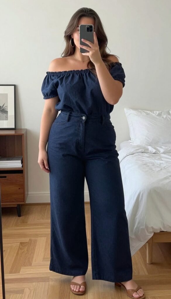 Woman in off-shoulder top and wide-leg culottes with statement earrings, mirror selfie