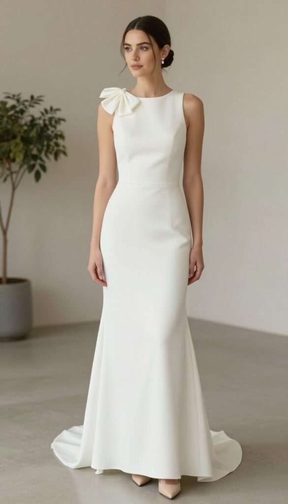 High-neck fitted white crepe wedding gown with a shoulder bow, sleek low bun, drop earrings, nude pointed-toe heels, in a bright indoor ceremony space.
