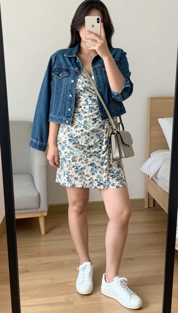 A woman in a muted floral wrap dress and fitted denim jacket, posing in a mirror selfie in a bedroom, phone partially covering her face.