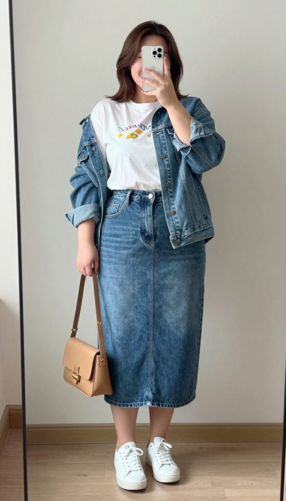 A plus-size woman in a white graphic tee and midi denim skirt, with white sneakers and a tan crossbody bag, taking a mirror selfie in a bright bedroom.