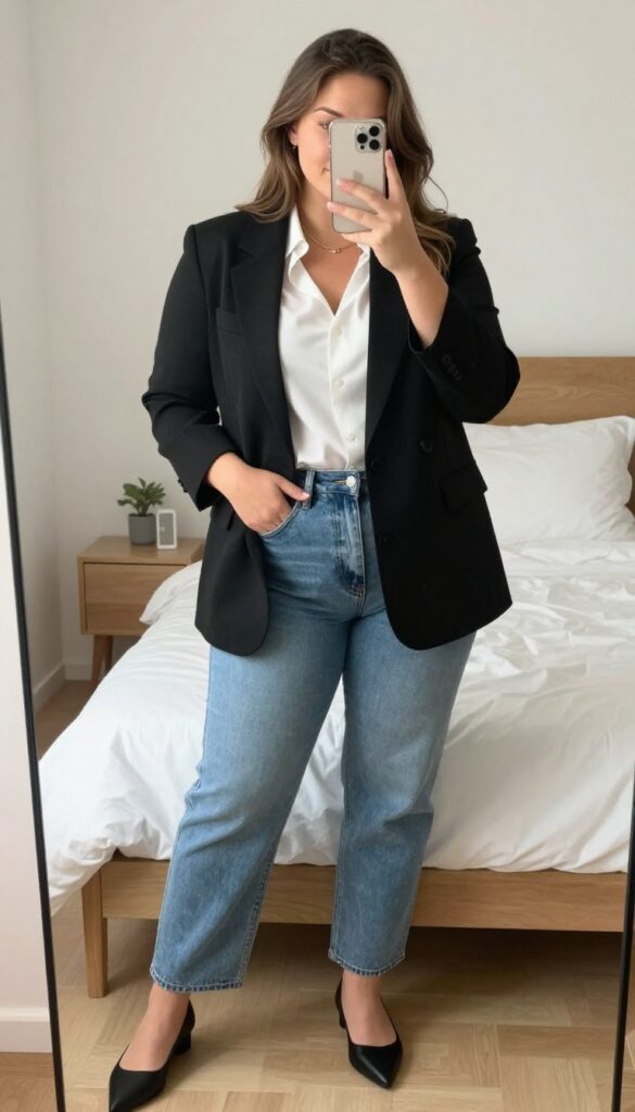 Woman in black blazer, white blouse, light wash jeans, and pointed flats, standing in a modern office.