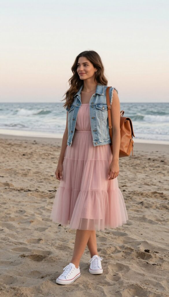 Woman in pastel pink tulle dress with denim vest, white sneakers, and tan leather backpack on beach at golden hour