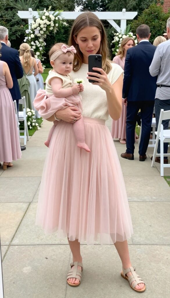 Baby girl in cream knit top and blush tulle skirt with matching headband at garden wedding
