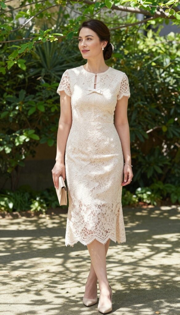Woman in lace midi dress with bow back detail, standing in a sunlit garden, looking over her shoulder with a natural smile.