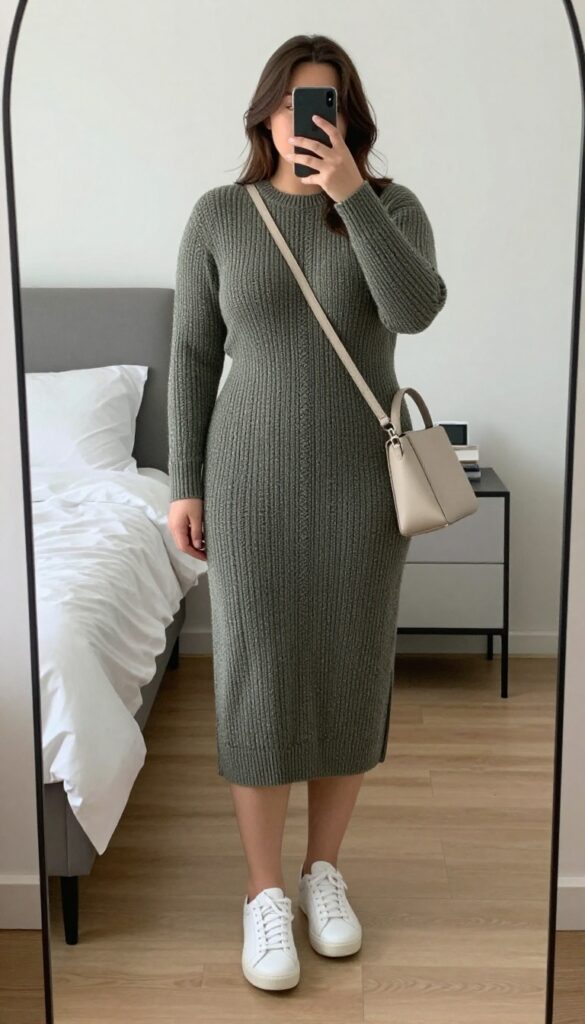 Woman in olive midi knit dress with white sneakers and crossbody bag, standing in a bright office hallway.