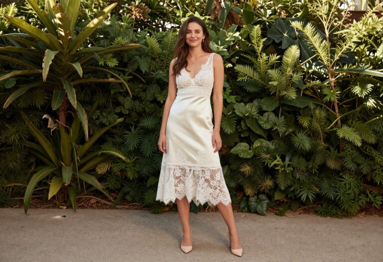 Boho wedding dress with lace and satin slip in a sunlit garden