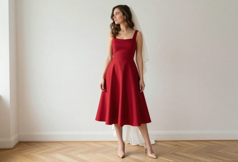Woman in red wedding dress with nude heels and cream veil in bright room