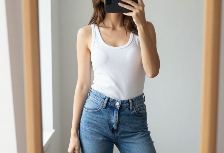 Woman in straight-leg blue jeans and white tank top taking a mirror selfie, showcasing a casual summer outfit.