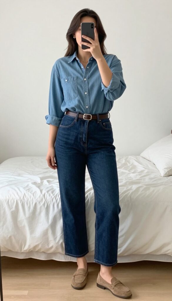 Model wearing dark denim skirt and chambray shirt with brown belt and suede loafers, mirror selfie.