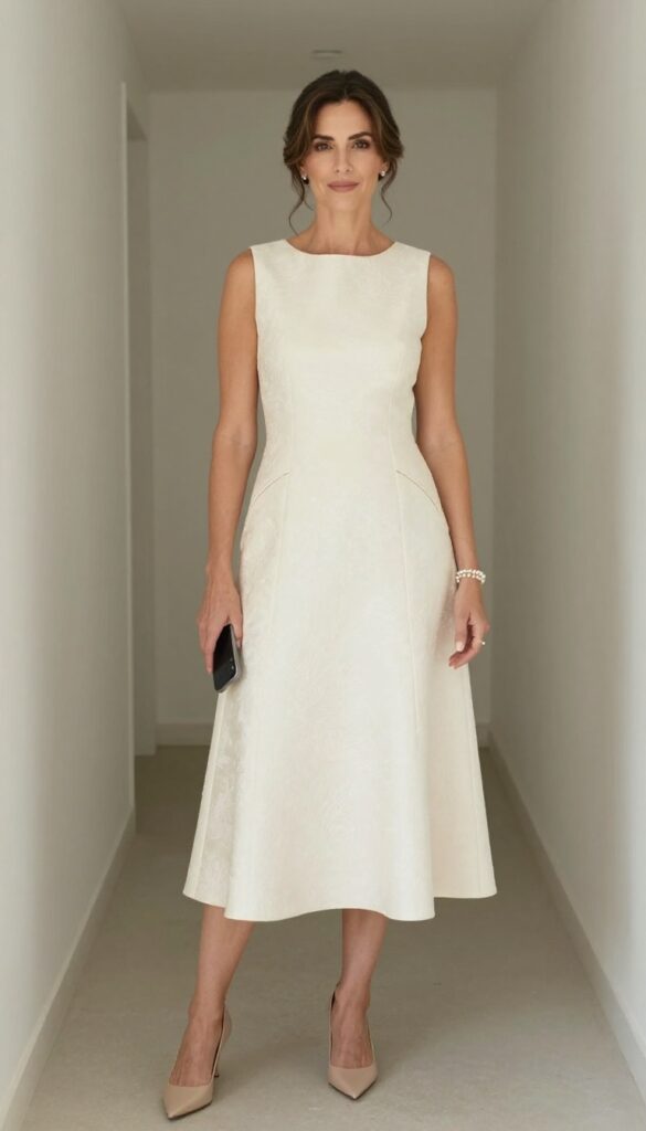 Ivory brocade A-line dress with pockets, nude pumps, pearl bracelet, low updo, wedding venue setting.