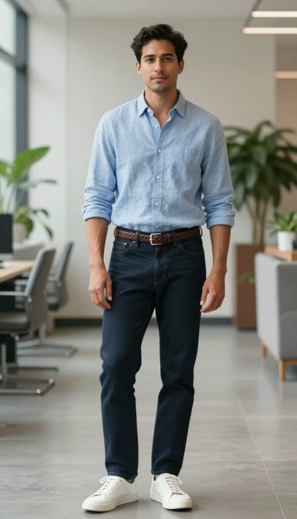 Man in light blue linen shirt and dark wash jeans standing casually in bright office lobby