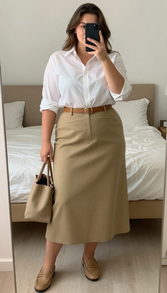 A woman in a tucked white button-down shirt and olive midi skirt, wearing tan loafers and a matching thin belt, carrying a canvas tote bag.