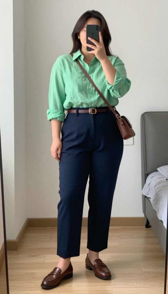 Woman in mint green button-down and navy trousers with brown leather accessories, standing in an office setting.