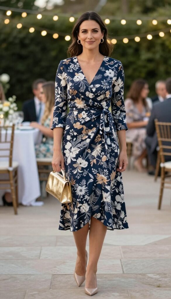 Woman in navy floral wrap dress with gold accessories at garden wedding