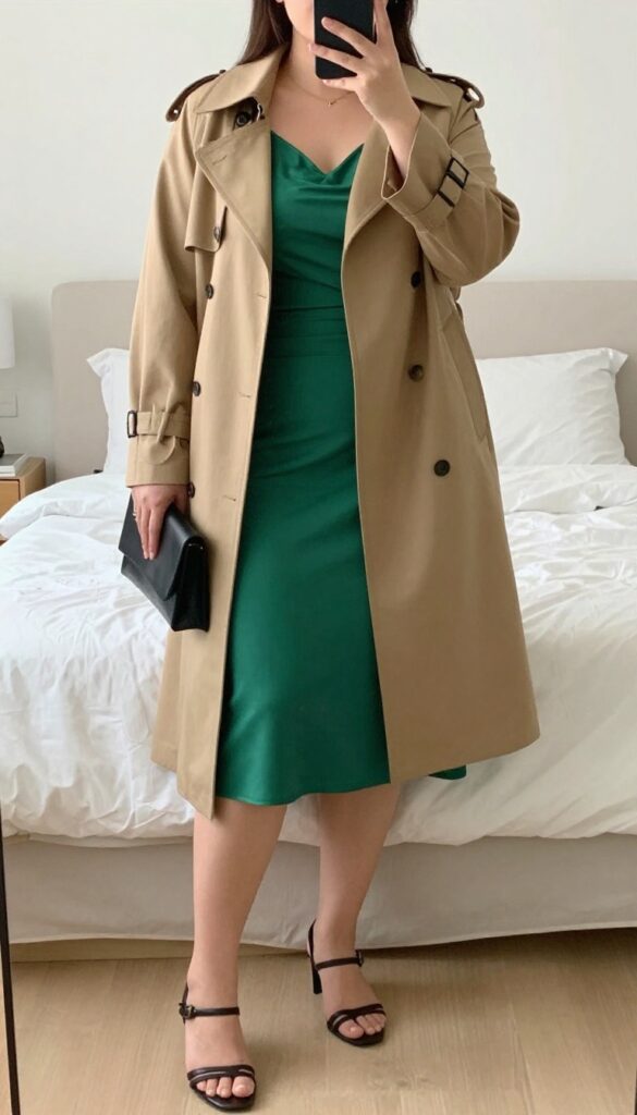 A woman in a trench coat and slip dress standing in a restaurant setting, holding a clutch.