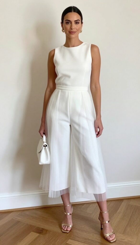 Woman in white jumpsuit with sheer overlay, gold heels, and clutch in bright room