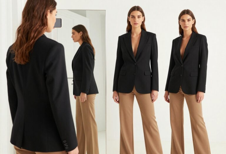 Plus-size woman in a tailored blazer and high-waisted trousers taking a mirror selfie in a bright, minimal room.