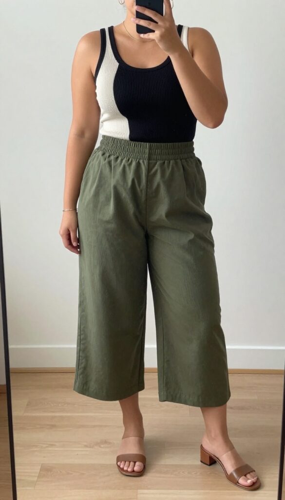 A woman in a ribbed knit tank and wide-leg cropped pants, standing in a bright office or outdoor setting, showcasing a balanced silhouette.