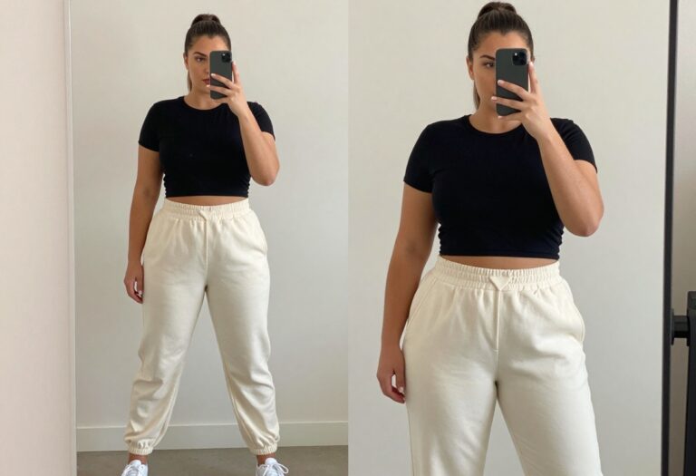 Plus-size woman in fitted crop top and high-waisted joggers taking a mirror selfie, showcasing a casual baddie outfit.