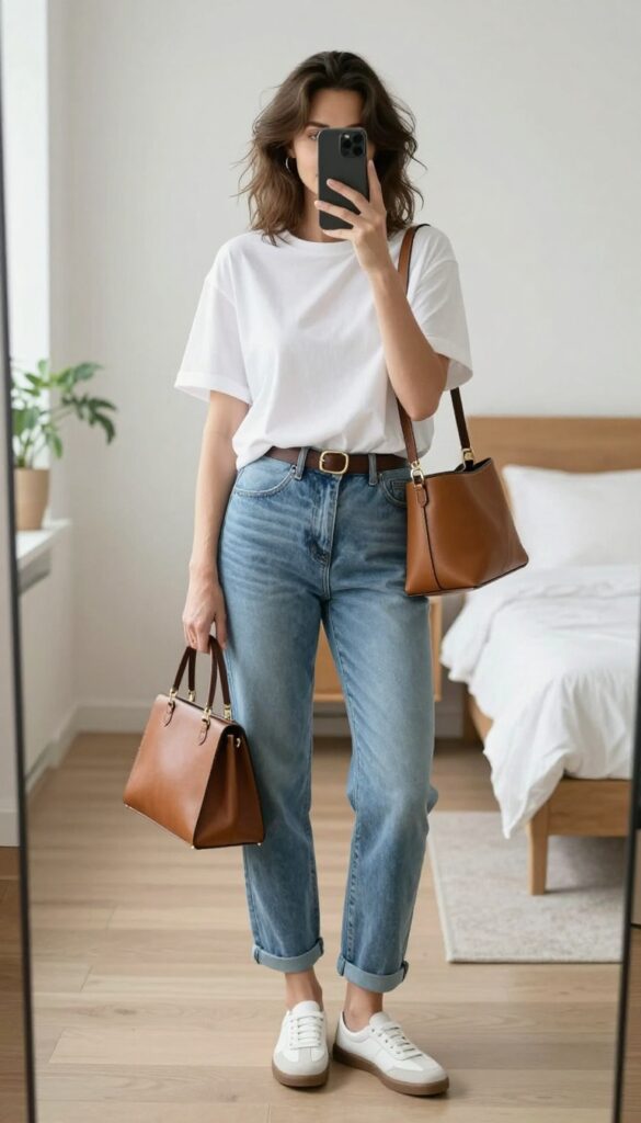 New mom outfit idea: relaxed jeans and classic white tee, styled with a belt, white sneakers, and a structured tote bag. Mirror selfie composition.