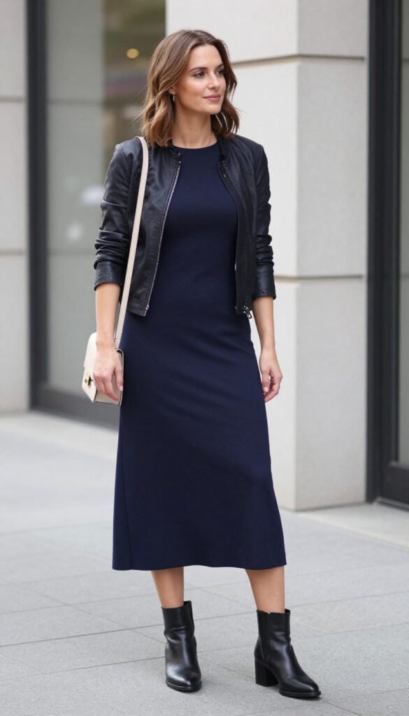 Woman in navy high-low hem crepe dress with black leather jacket and ankle boots, holding beige crossbody bag, urban setting