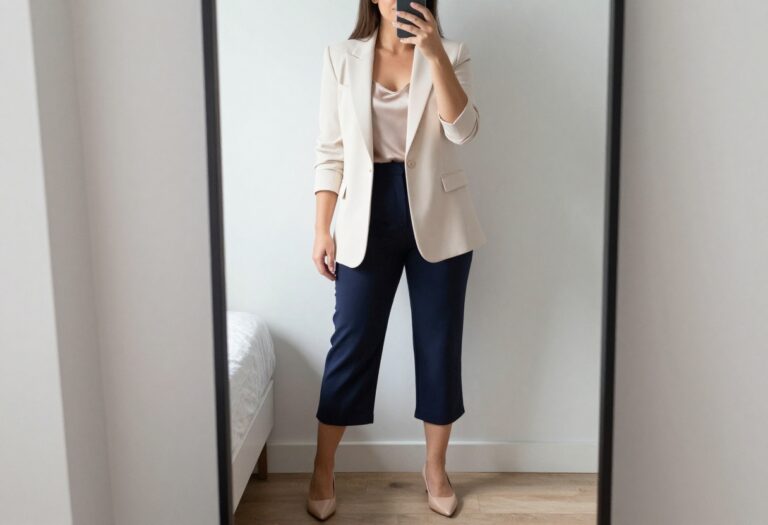 Petite woman in cream blazer and navy cropped wide-leg pants taking a mirror selfie in bedroom