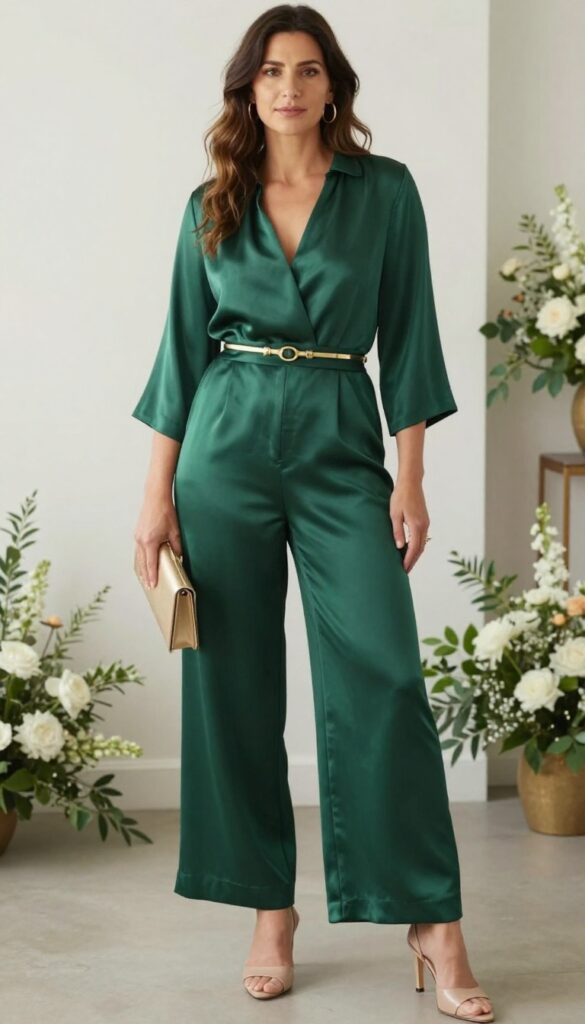 Woman in emerald green satin jumpsuit with gold belt, standing confidently in elegant indoor venue.