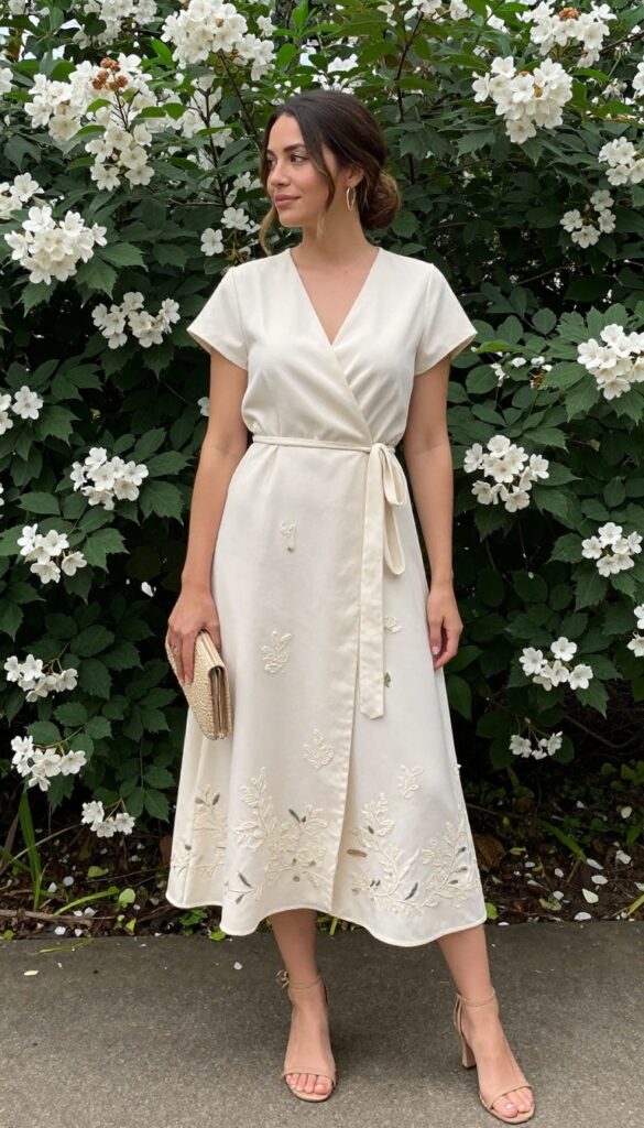 A young woman with wavy brown hair in a low bun wears a cream wrap dress with floral embroidery, standing in a lush garden holding a woven clutch.