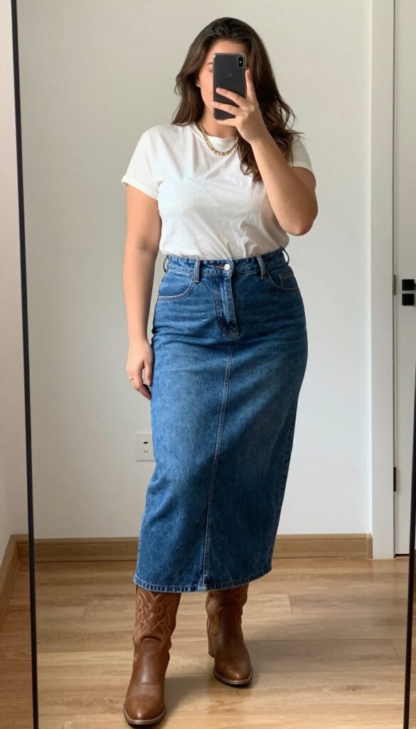 Plus-size woman in high-waisted denim skirt and graphic tee taking a mirror selfie, wearing western boots and layered necklaces.