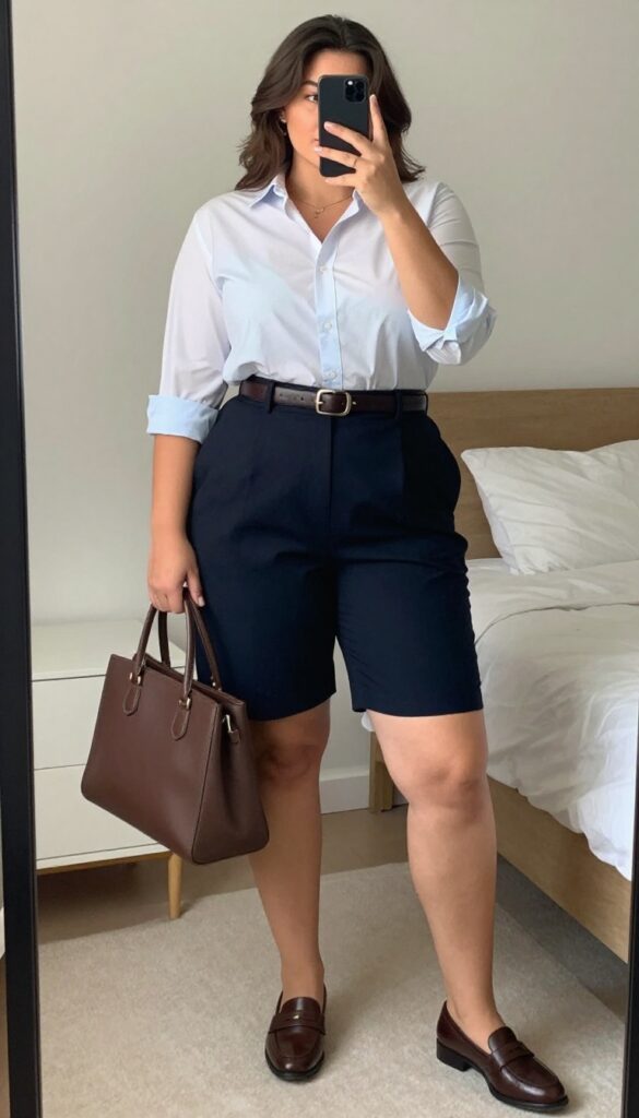 Curvy young professional in tailored shorts and button-down shirt with rolled sleeves, loafers, and leather belt, standing in a bright office or outdoor setting.