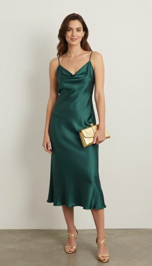 Woman in emerald slip dress and black blazer at evening wedding