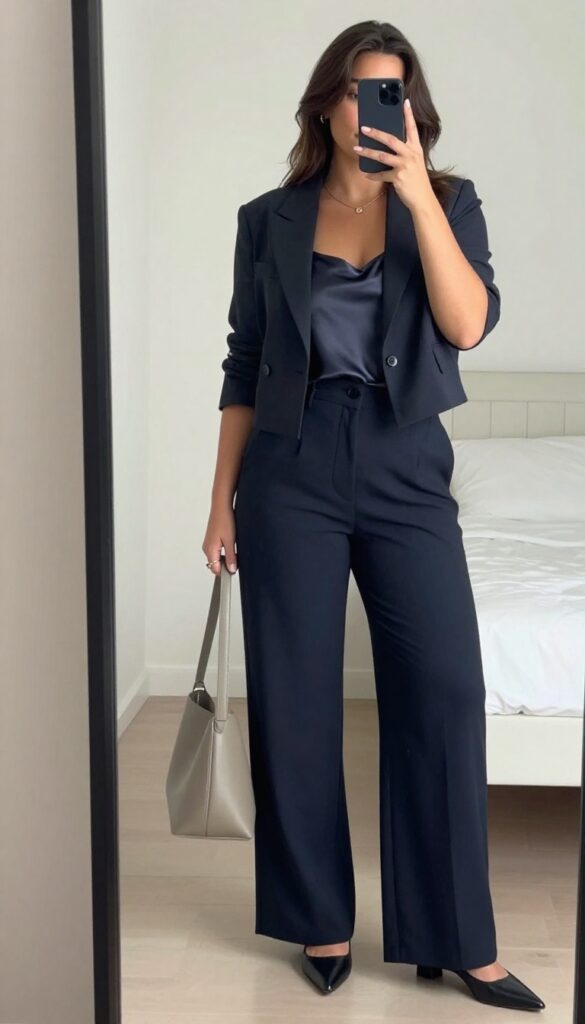 Petite woman in cropped blazer and high-waisted wide-leg trousers, standing confidently in a professional setting.