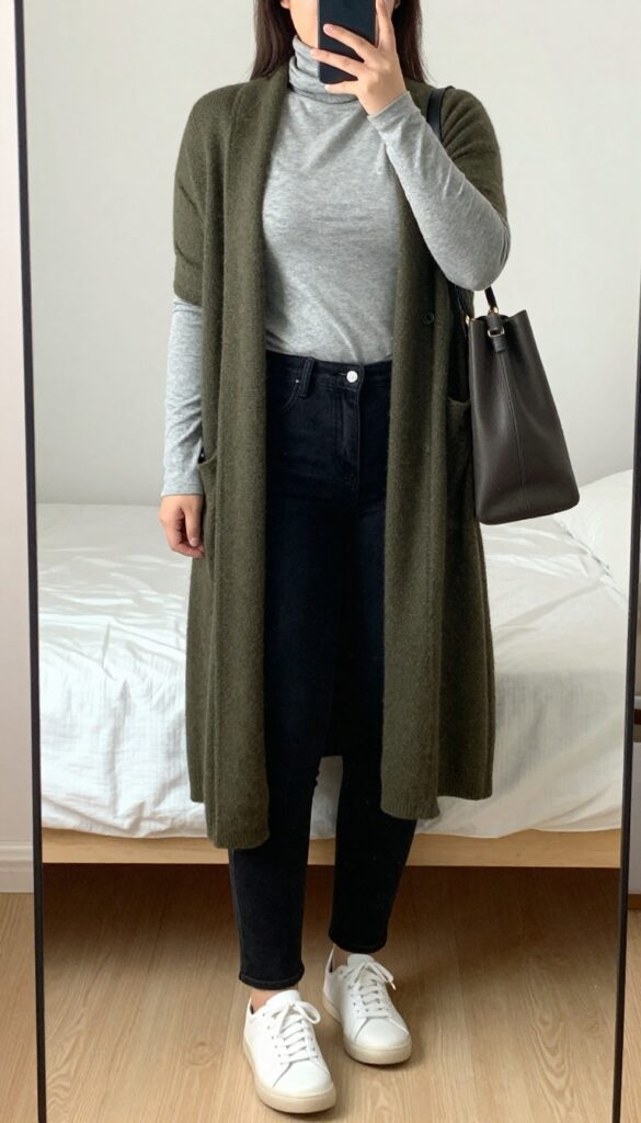 A woman in a fitted turtleneck, long cardigan, black jeans, and white leather sneakers, standing in a bright office or cafe.