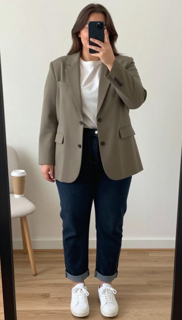 A woman in a taupe blazer, white tee, dark straight-leg jeans, and white sneakers stands in a casual setting.