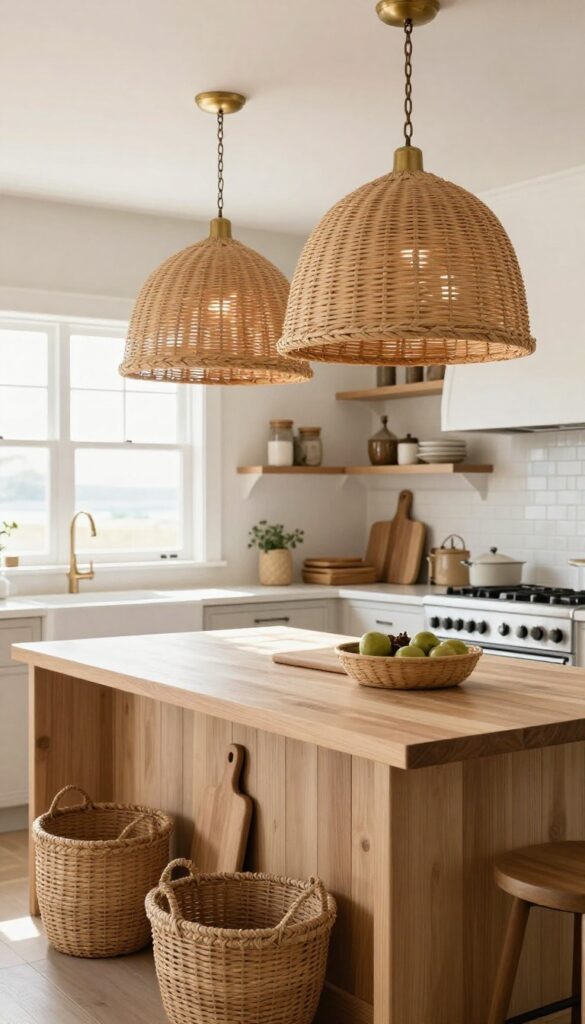 Woven rattan shade over kitchen island casting dappled light