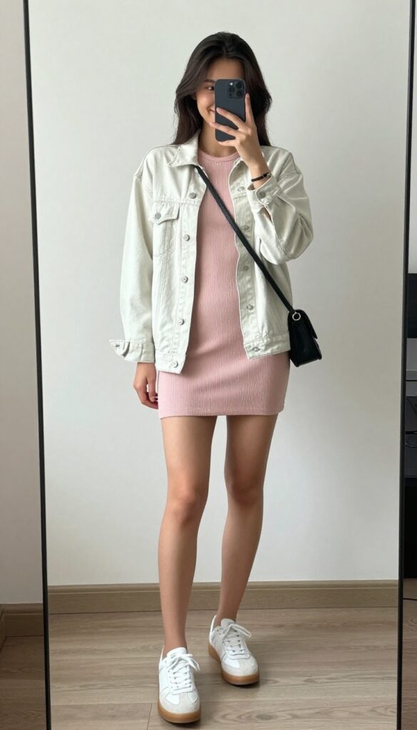 Teen girl in a pastel ribbed dress and white sneakers, holding a phone in front of a mirror, with a denim jacket over her arm.