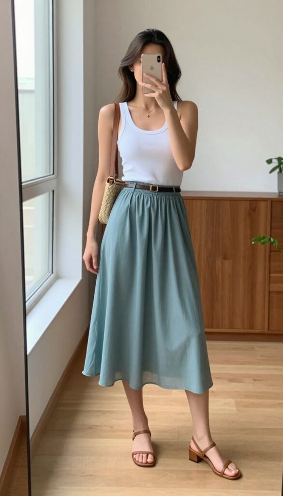 A woman in a flowy midi skirt and fitted tank top takes a mirror selfie, showcasing a stylish summer night out outfit with sandals and a small bag.