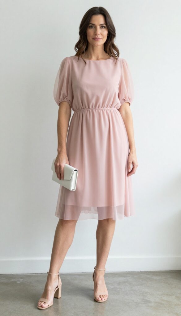 Knee-length blush pink tulle dress with bishop sleeves, nude block-heel sandals, white clutch, minimal jewelry, in a bright airy room.