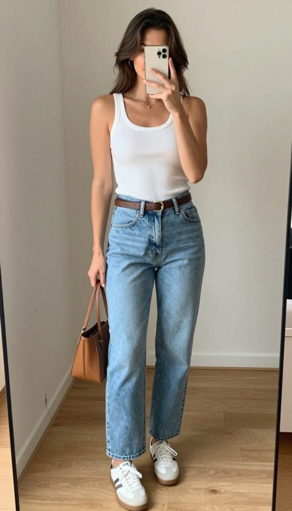 Woman in high-waisted mom jeans and fitted white tank top taking a mirror selfie, casual outfit with sneakers and tote bag.