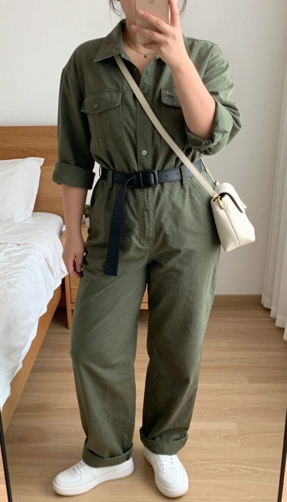 A woman in a utility jumpsuit with a leather belt and chunky sneakers, taking a mirror selfie in a bedroom, partially covering her face with her phone.